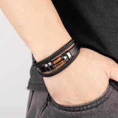 Vintage braided leather rope bracelet multi-layer stone bracelet stainless steel magnetic buckle men's fashion bracelet