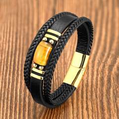 Popular men's Tiger Eye stone simple fashion bracelet stainless steel leather rope bracelet