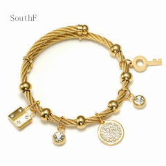18KG padlock key diamond piece charm stainless steel bracelet bangle