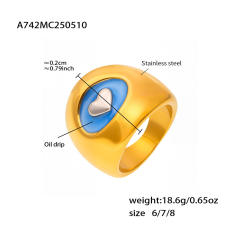 24K gold plated blue enamel heart chunky rings stainless steel rings