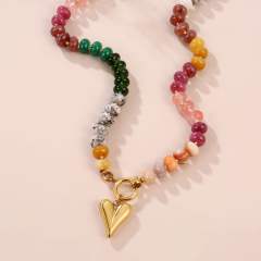 New Bohemian Natural Stone Beaded Necklace Stainless Steel Love Flower Pendant necklace