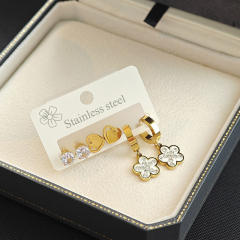 Concise diamond five petal flower heart stainless steel earrings set