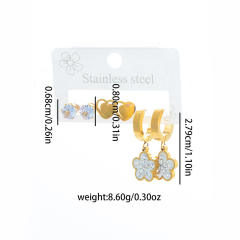 Concise diamond five petal flower heart stainless steel earrings set