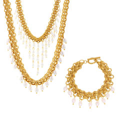 Pearl Beads Tassel Necklace Bracelet Thick Exaggerated Heavy Industry Stainless Steel Jewelry for Women