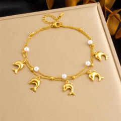 Beach vacation ocean wind shell starfish tropical fish pendant stacked chain stainless steel anklet women