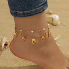 Beach vacation ocean wind shell starfish tropical fish pendant stacked chain stainless steel anklet women