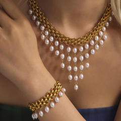 Pearl Beads Tassel Necklace Bracelet Thick Exaggerated Heavy Industry Stainless Steel Jewelry for Women