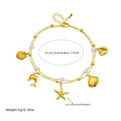 Beach vacation ocean wind shell starfish tropical fish pendant stacked chain stainless steel anklet women