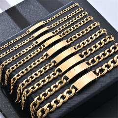 Stainless steel bracelet figaro chain engrave bar chain bracelet for men women