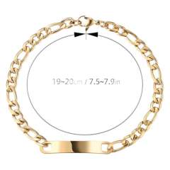Stainless steel bracelet figaro chain engrave bar chain bracelet for men women