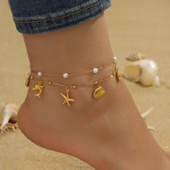 Beach vacation ocean wind shell starfish tropical fish pendant stacked chain stainless steel anklet women