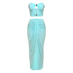 2025 Summer Hollow Backless cropped Top High Waist Solid Color Split Skirt suit Women