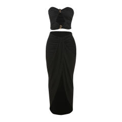 2025 Summer Hollow Backless cropped Top High Waist Solid Color Split Skirt suit Women