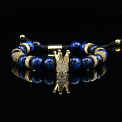 Natural tiger eye stone micro-inlaid zircon crown woven bracelet enamel stainless steel bangle set for men