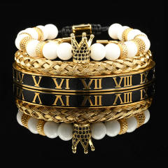 Natural tiger eye stone micro-inlaid zircon crown woven bracelet enamel stainless steel bangle set for men