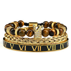 Natural tiger eye stone micro-inlaid zircon crown woven bracelet enamel stainless steel bangle set for men