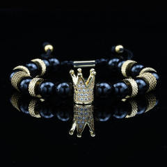 Natural tiger eye stone micro-inlaid zircon crown woven bracelet enamel stainless steel bangle set for men