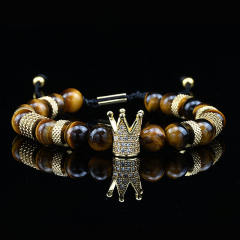 Natural tiger eye stone micro-inlaid zircon crown woven bracelet enamel stainless steel bangle set for men