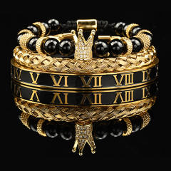 Natural tiger eye stone micro-inlaid zircon crown woven bracelet enamel stainless steel bangle set for men