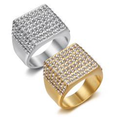 HIPHOP Jewelry Titanium Steel Gold Plated Square Full Diamond Ring