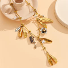 Heavy Handmade Zinc Alloy Leaf Anti-Pearl Rose Vintage Charm Necklace for Women