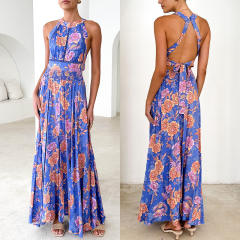 2025 floral Printed halter Neck Beach Bohemian High Waist Backless Floral dress