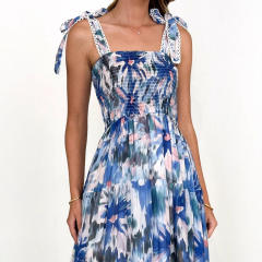 Summer flower printed sling elastic waist knot shoulder strap large dress long