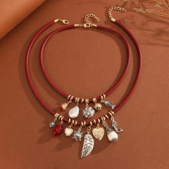 Imitation leather rope alloy leaf Charm layer necklace bracelet suit