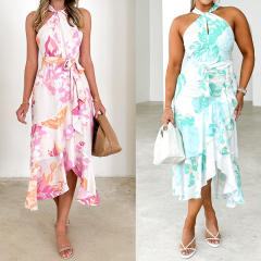 2025 Summer Women's Printed Sling Sexy halter neck dress Mid dress