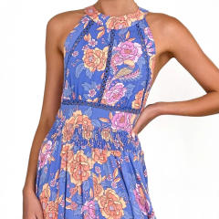 2025 floral Printed halter Neck Beach Bohemian High Waist Backless Floral dress