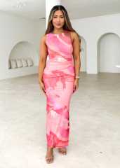 Summer 2025 New Sleeveless dress Long Dress Random Printed High Waist Slim-fit flower dress
