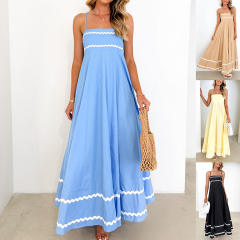 Women's summer new fashion temperament long lace stitching tea break sling dress
