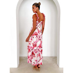 Summer flower printed sling elastic waist knot shoulder strap large dress long