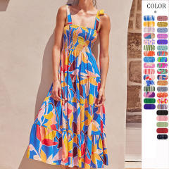Summer Women's Clothing Leisure Commuter Sleeveless Spice Girl Printed Long Sling dress
