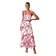 Summer flower printed sling elastic waist knot shoulder strap large dress long