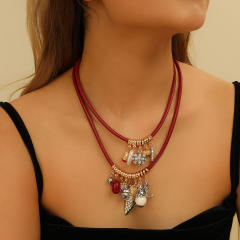 Imitation leather rope alloy leaf Charm layer necklace bracelet suit