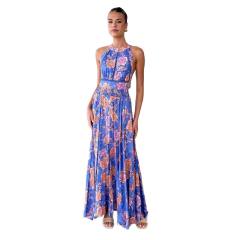 2025 floral Printed halter Neck Beach Bohemian High Waist Backless Floral dress