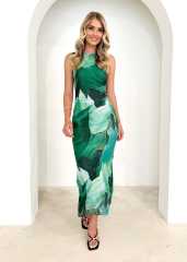 Summer 2025 New Sleeveless dress Long Dress Random Printed High Waist Slim-fit flower dress