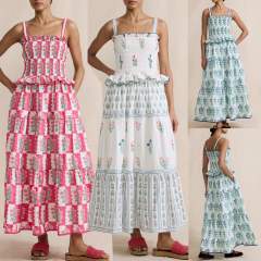 Holiday Style Women's Sling dress New Wave Edge Floral Fresh Sweet Relaxation Long Dress