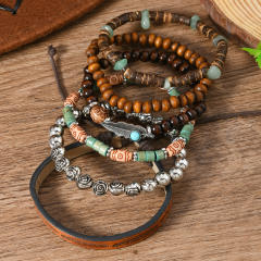 6-piece set new wooden beaded gravel coconut shell leather men's and women's bracelet