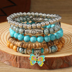 New Bohemian Style Turquoise Wood Beads Beaded Alloy Accessories Stamline Men's Bracelet