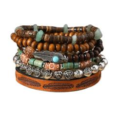 6-piece set new wooden beaded gravel coconut shell leather men's and women's bracelet