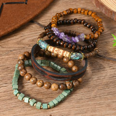 6-piece set new wooden beaded gravel leather men women bracelet set
