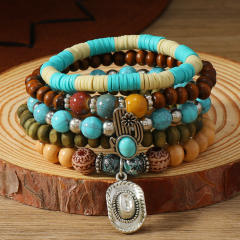 New Bohemian Style Turquoise Wood Beads Beaded Alloy Accessories Stamline Men's Bracelet