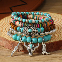New Bohemian Style Turquoise Wood Beads Beaded Alloy Accessories Stamline Men's Bracelet
