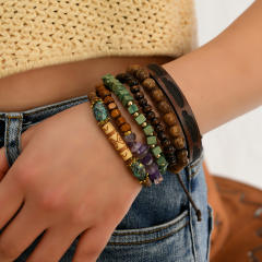 6-piece set new wooden beaded gravel leather men women bracelet set