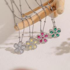 Korean fashion colorful cubic zircon five petal flower pendant copper necklace