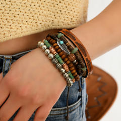 6-piece set new wooden beaded gravel coconut shell leather men's and women's bracelet
