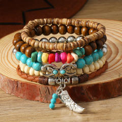 New Bohemian Style Turquoise Wood Beads Beaded Alloy Accessories Stamline Men's Bracelet