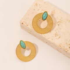Vintage chunky circle turquoise statement stainless steel earrings